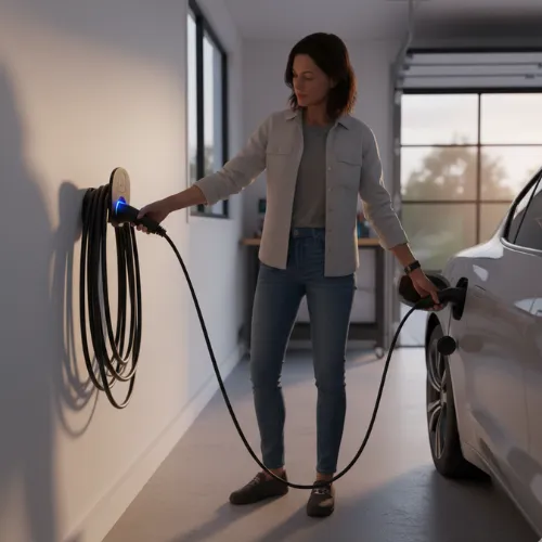 Professional Level 2 electric vehicle charging station mounted in home garage