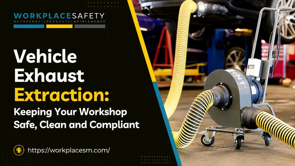 Mobile vehicle exhaust extraction unit with flexible yellow extraction hoses positioned in a vehicle workshop.