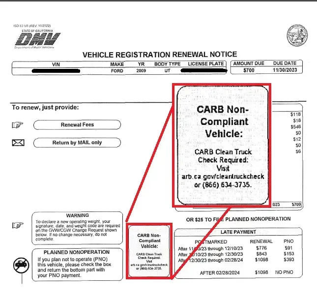 DMV notice of incomplete renewal, CARB Non-Compliant Vehicle, CARB Clean Truck Check Required