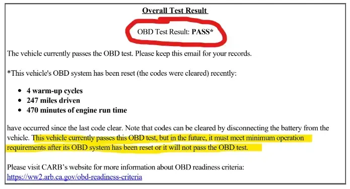 Clean Truck Check pass results, with a warning that OBD readiness was not met.