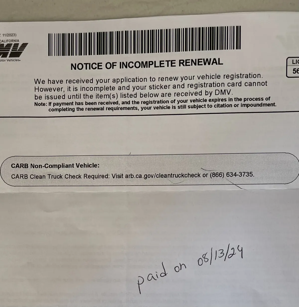 DMV Notice of Incomplete Renewal, CARB Clean Truck Check Required