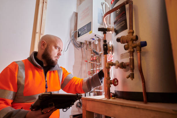 Heating engineer servicing a hot water cylinder and boiler pipework