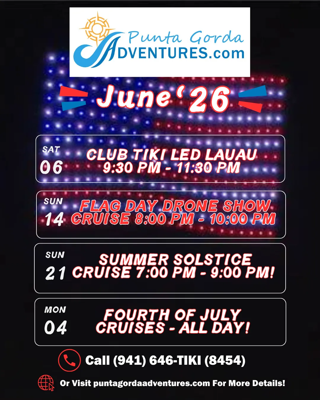 Punta Gorda Adventures promotional image featuring smiling guests on "The Oasis" tiki boat, with event details for March 2026 and vibrant LED lighting.