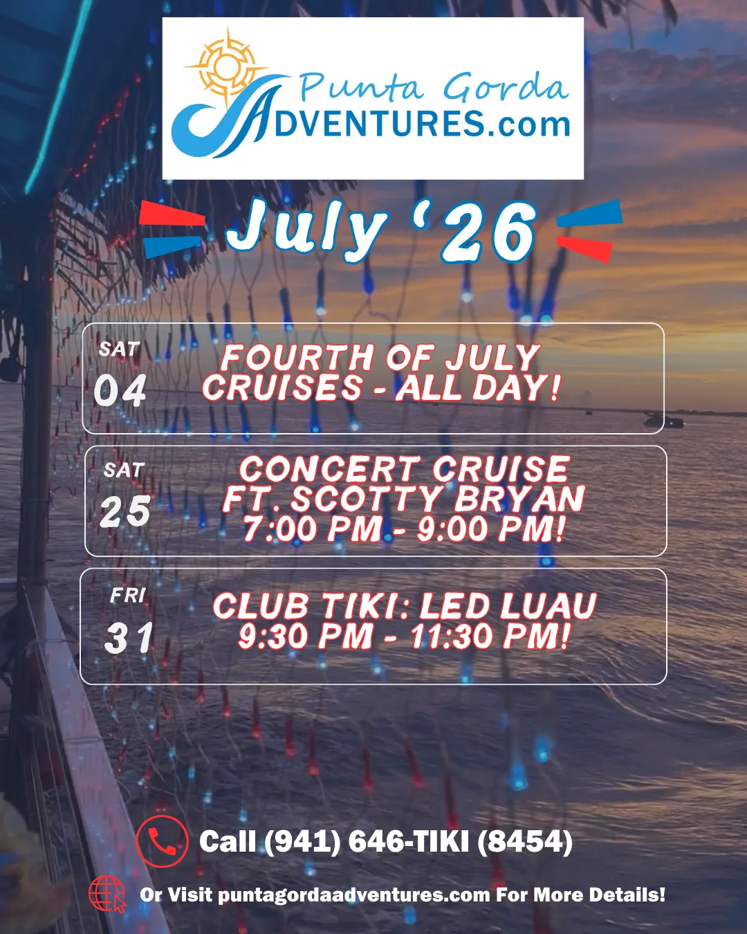 Punta Gorda Adventures promotional image featuring smiling guests on "The Oasis" tiki boat, with event details for March 2026 and vibrant LED lighting.