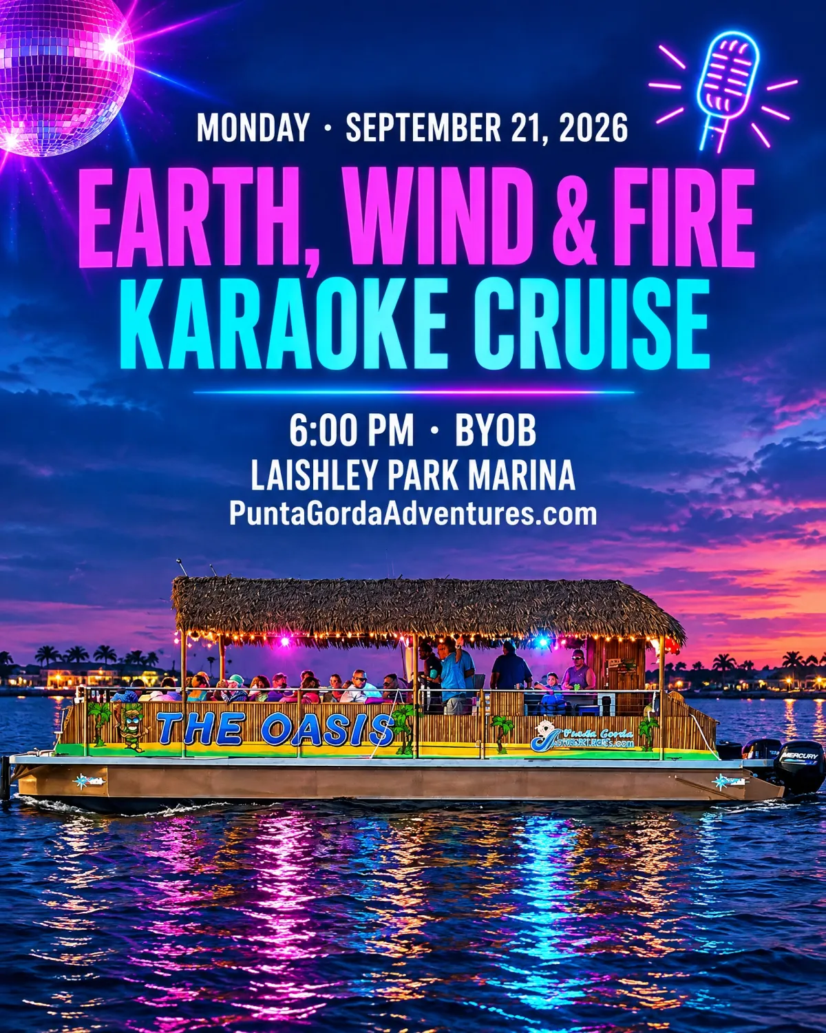 Punta Gorda Adventures promotional image featuring smiling guests on "The Oasis" tiki boat, with event details for March 2026 and vibrant LED lighting.
