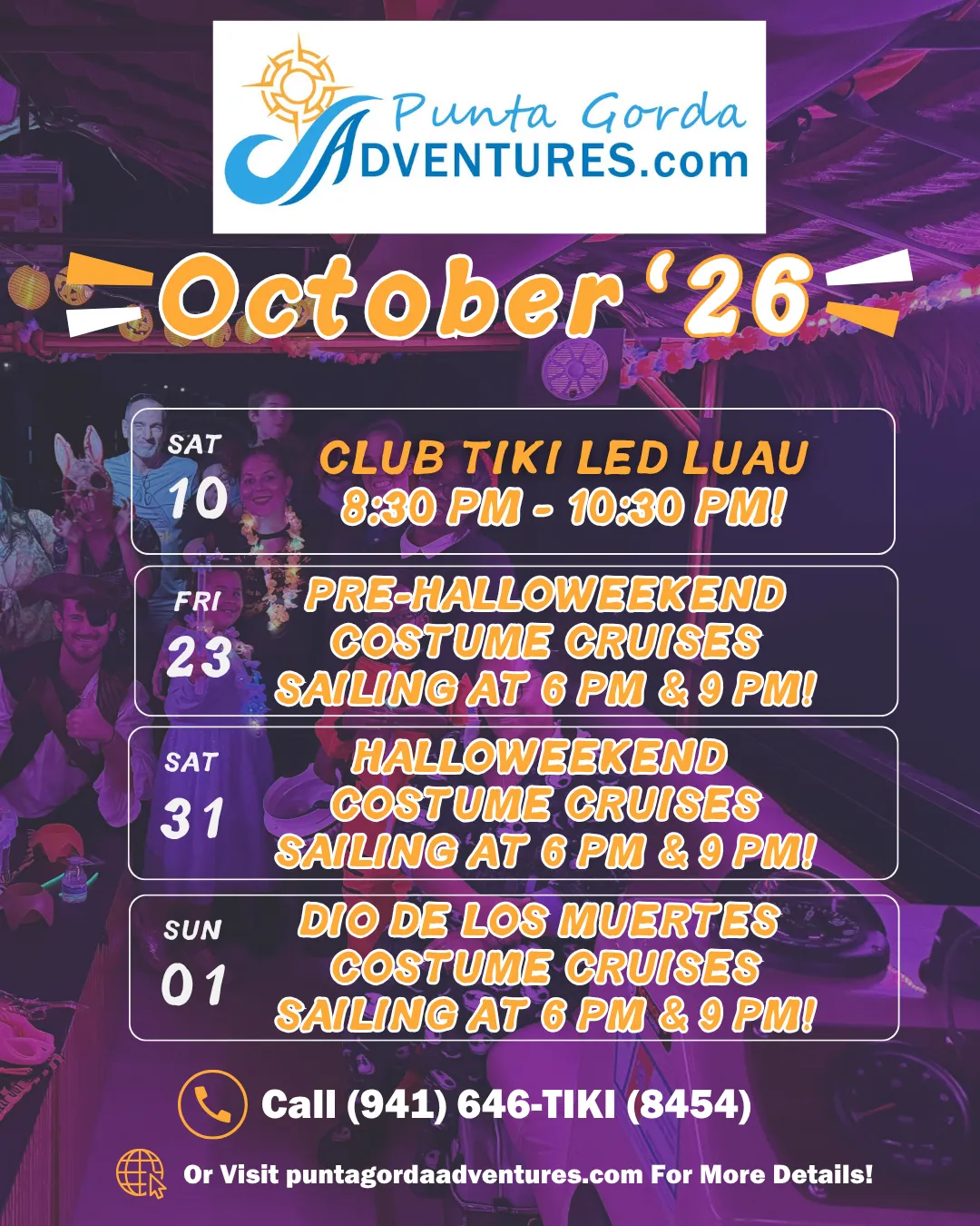 Punta Gorda Adventures promotional image featuring smiling guests on "The Oasis" tiki boat, with event details for March 2026 and vibrant LED lighting.