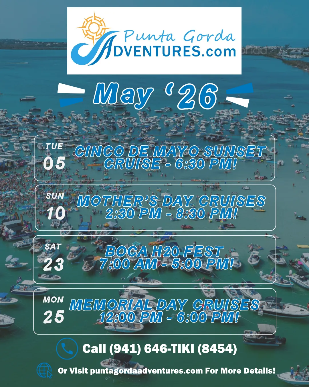Punta Gorda Adventures promotional image featuring smiling guests on "The Oasis" tiki boat, with event details for March 2026 and vibrant LED lighting.