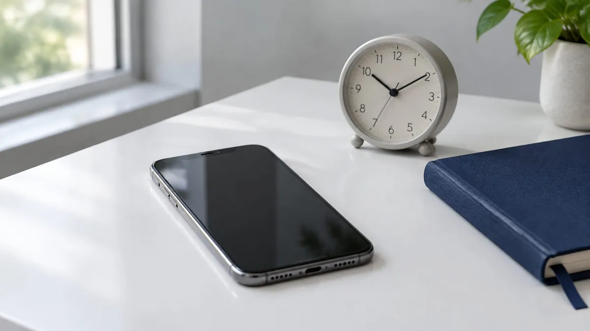A phone lying face down next to a small analog desk clock on a white desk