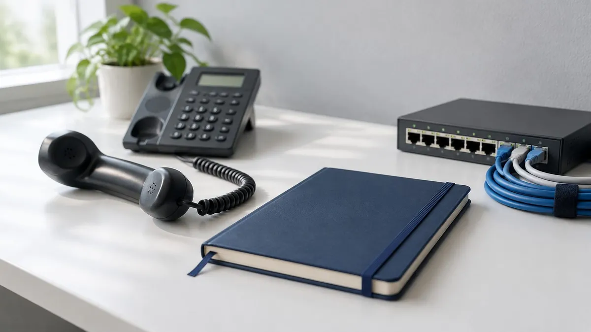 A desk phone off the hook beside a navy notebook and a small network switch on a white desk