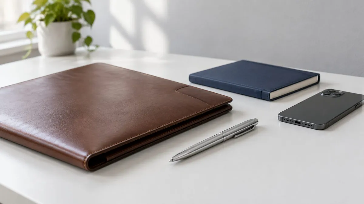 A closed leather folder, a pen, a navy notebook and a phone on a white desk