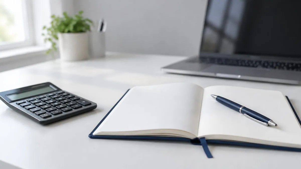 A calculator, an open blank notebook and a pen on a white desk with a laptop behind