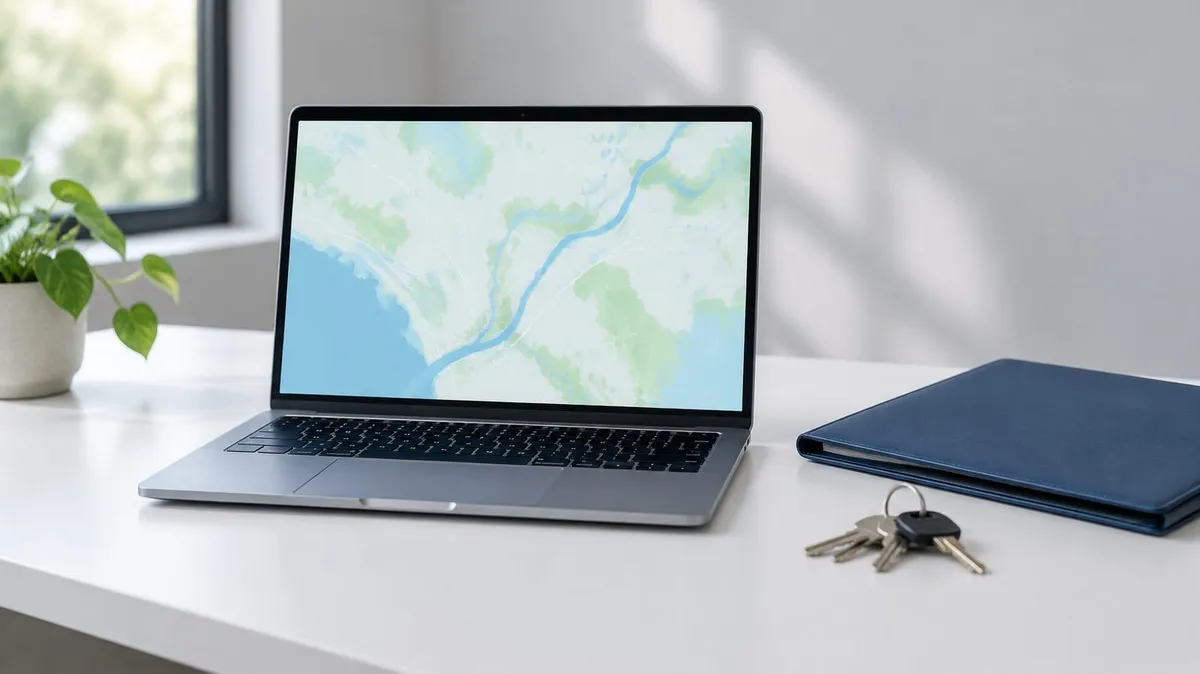 A laptop showing a map beside a navy folder and a set of keys on a white desk