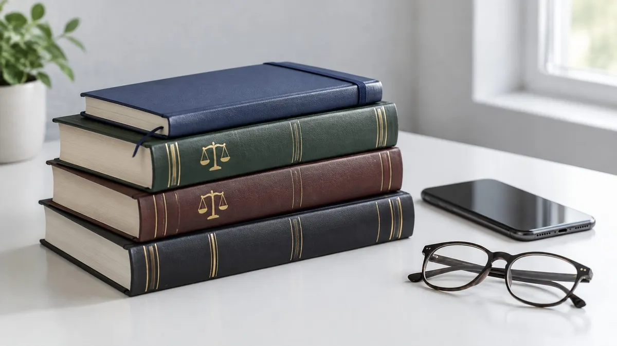 Law books, a navy notebook and a phone on a white desk, the tools for planning a law firm's Google Ads campaign