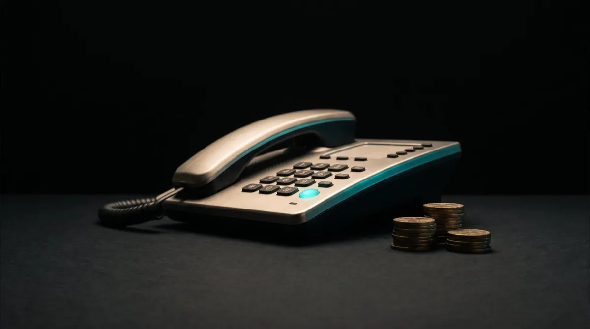 A black office desk phone with a glowing teal button beside small stacks of brass coins on a dark surface.