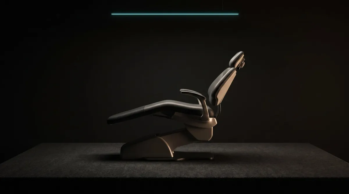 An empty dental chair in a dark operatory under a thin teal light strip.
