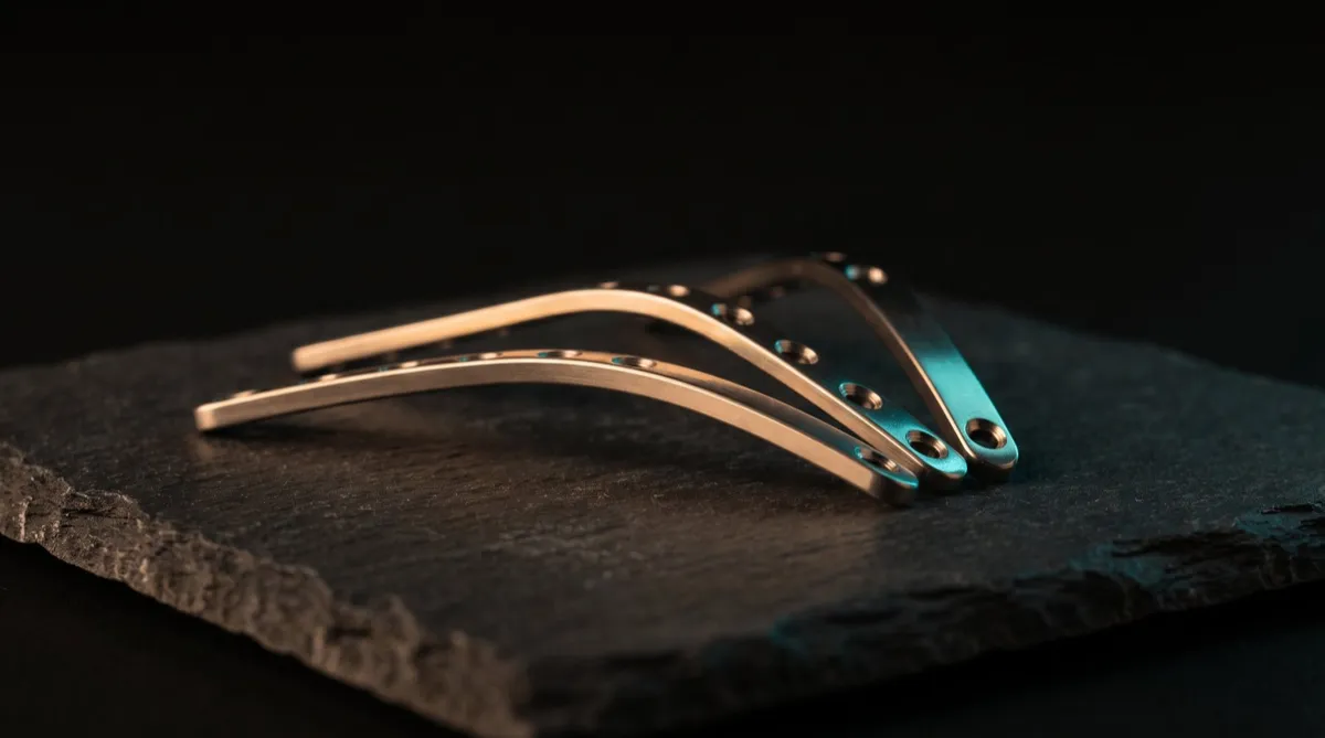 Three curved titanium surgical plates with screw holes resting on dark slate under a teal edge light.