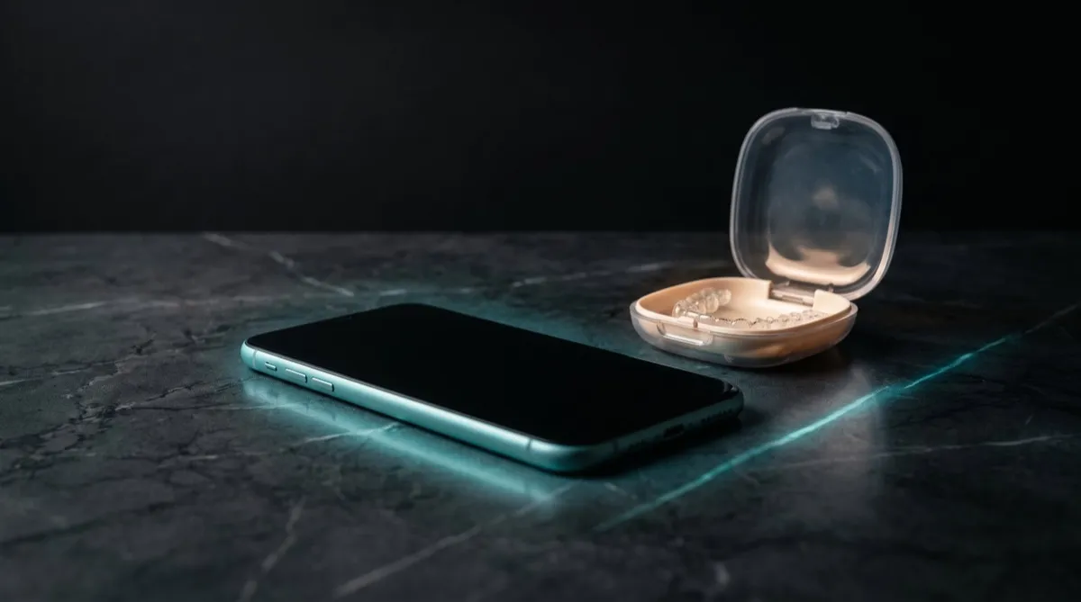 A smartphone with a dark screen on black marble beside an open aligner case, edged in teal light.
