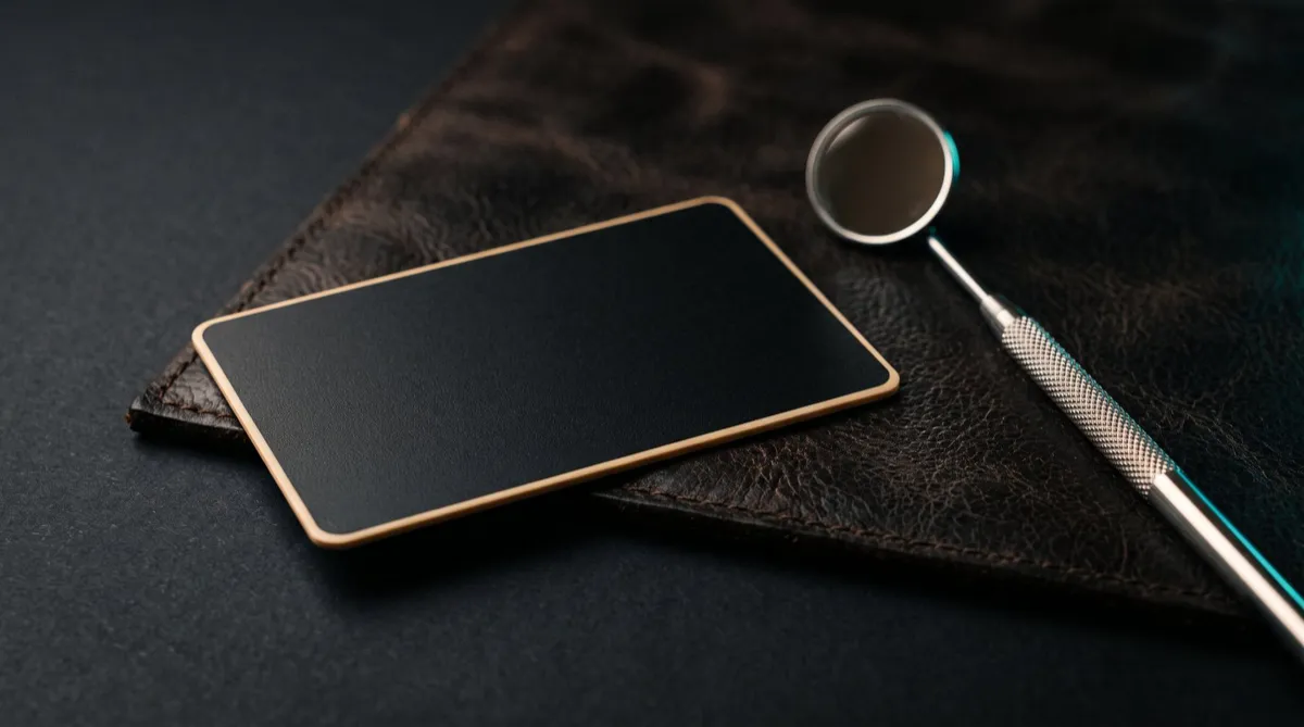 A matte black card with a bone-colored edge on dark leather next to a dental mirror.