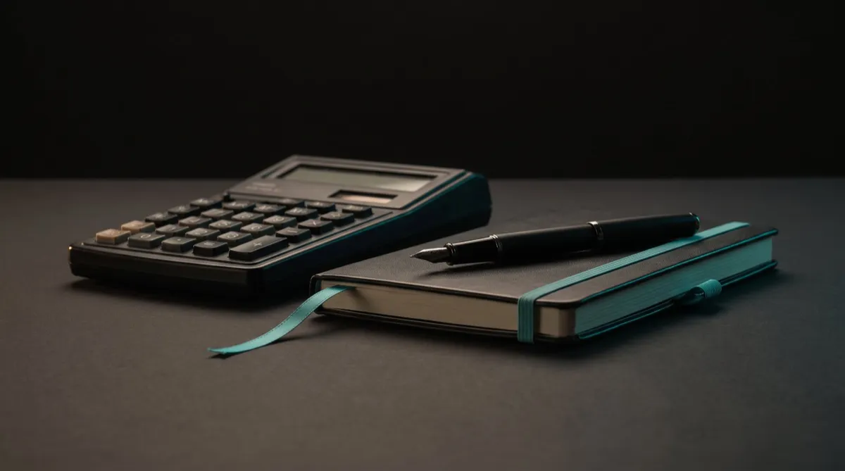 A black desk calculator, a fountain pen and a dark notebook with a teal ribbon bookmark.