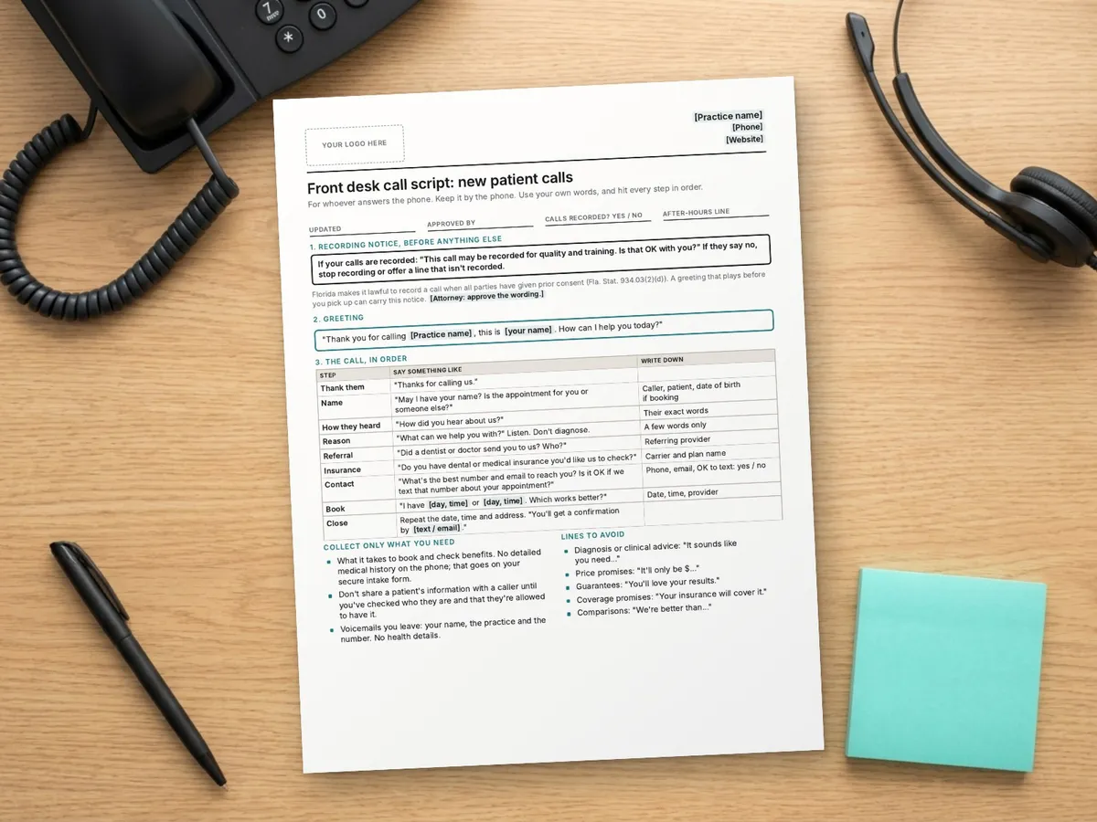Front Desk Call Script for New Patient Calls (Free Printable)