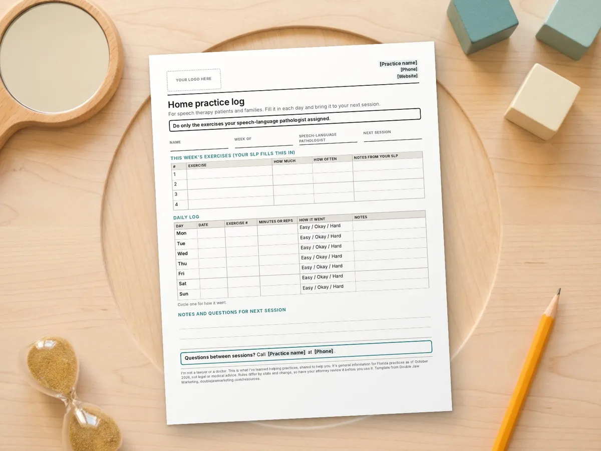 Home Practice Log for Speech Therapy Patients (Free Printable)