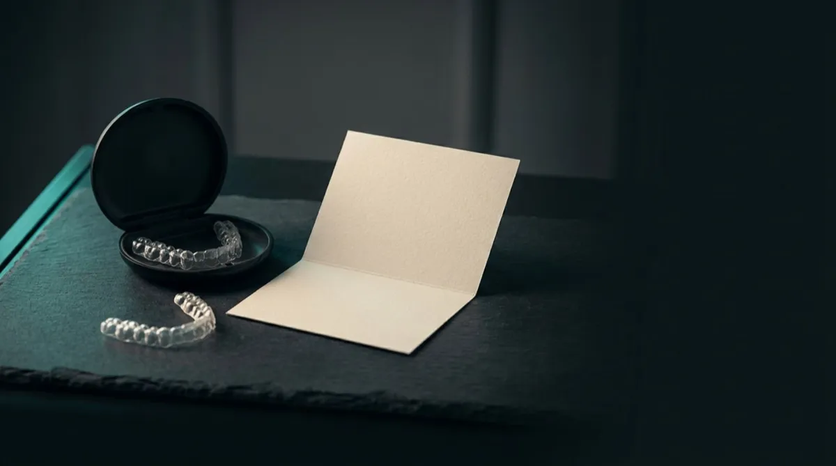 An open black clear aligner case and two aligner trays beside a folded blank treatment plan card on dark slate, lit with a teal edge light.