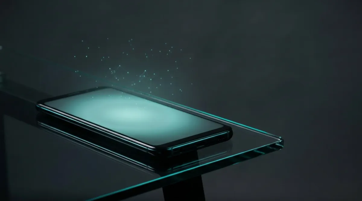 A black smartphone glowing teal on dark glass with a faint constellation of teal light points above it.