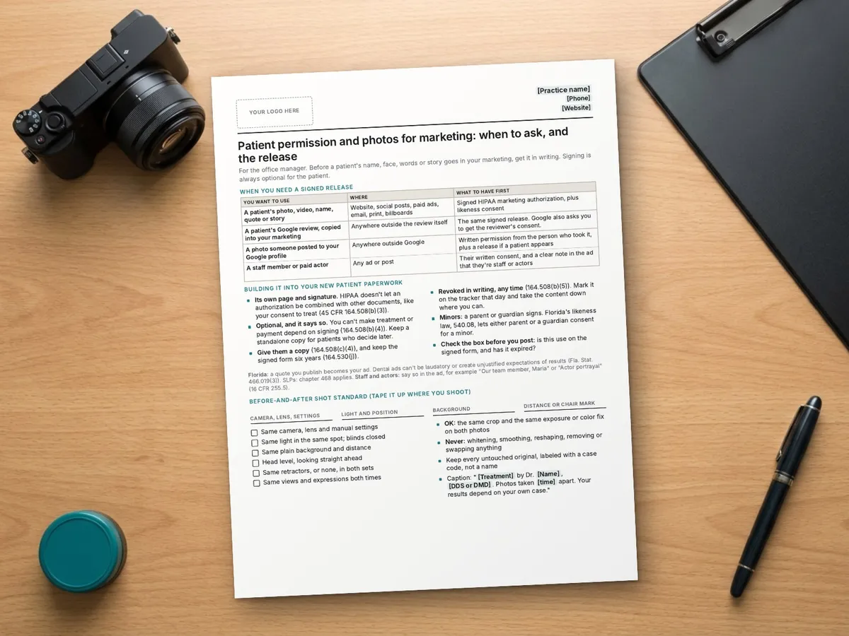 Testimonials, photos and patient permission: a marketing release guide
