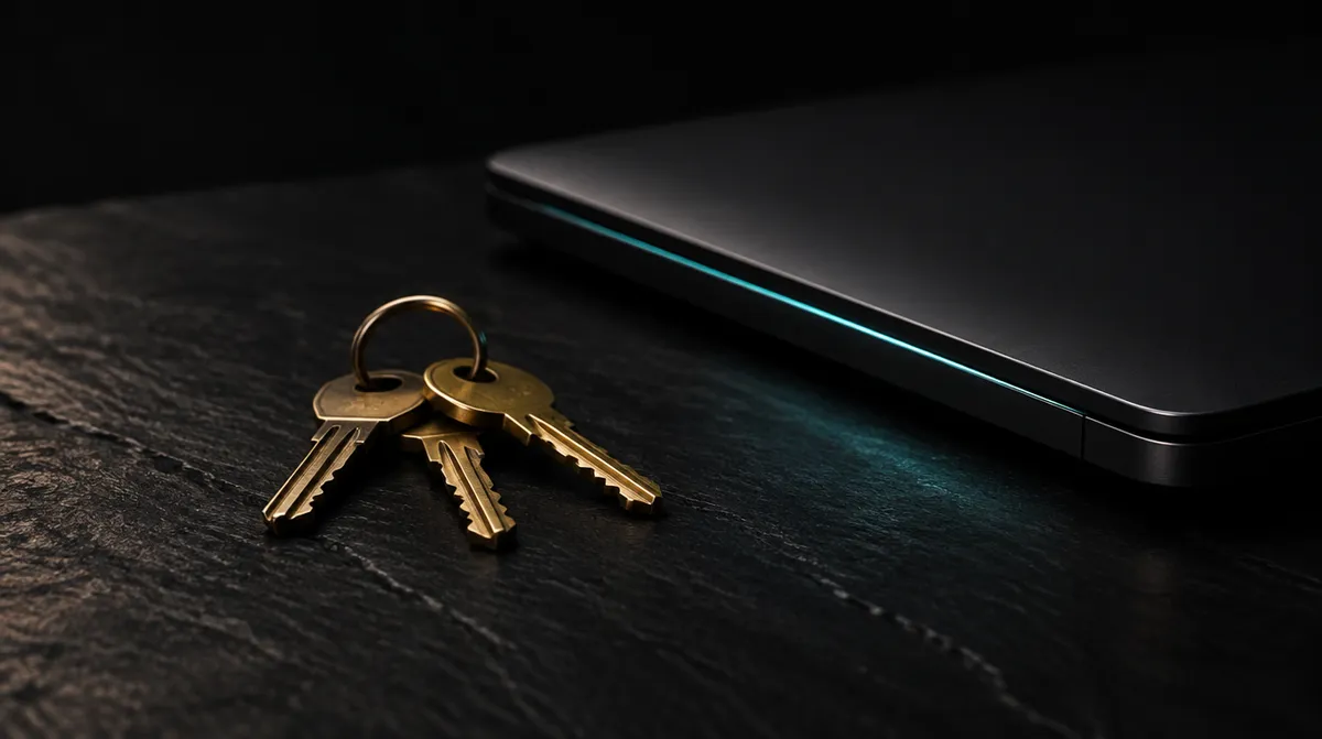A ring of brass keys on dark slate beside a closed laptop with a thin teal light along its edge.