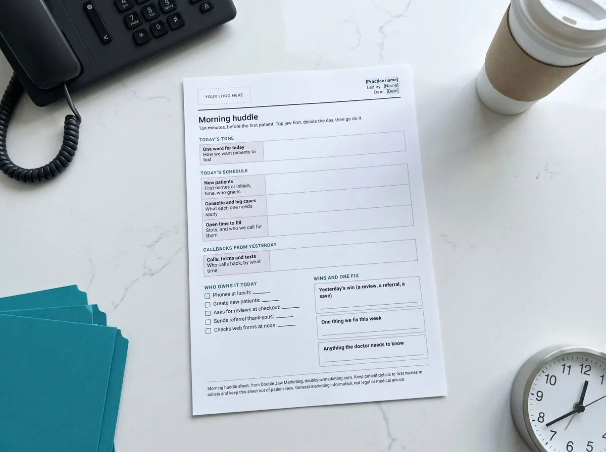 The printed morning huddle sheet on a white front desk counter with an office phone, a coffee cup, a desk clock and teal folders.