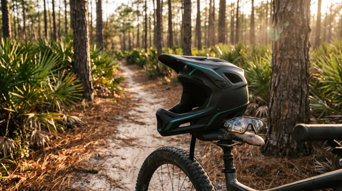A black full face mountain bike helmet resting on a bike seat on a sandy Florida pine trail at golden hour.