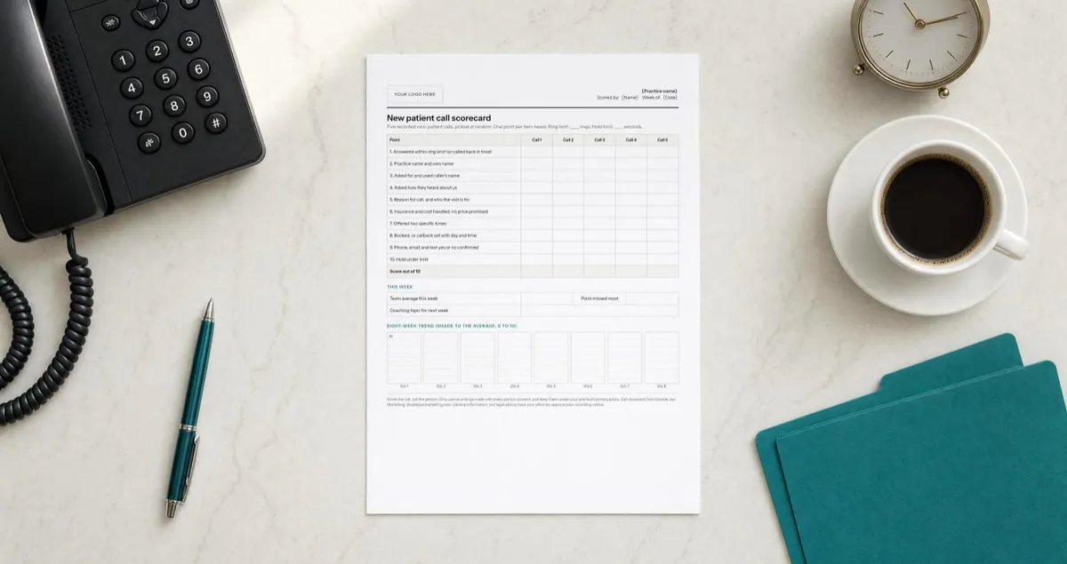 A printed front desk sheet next to an office phone at a dental practice front desk.