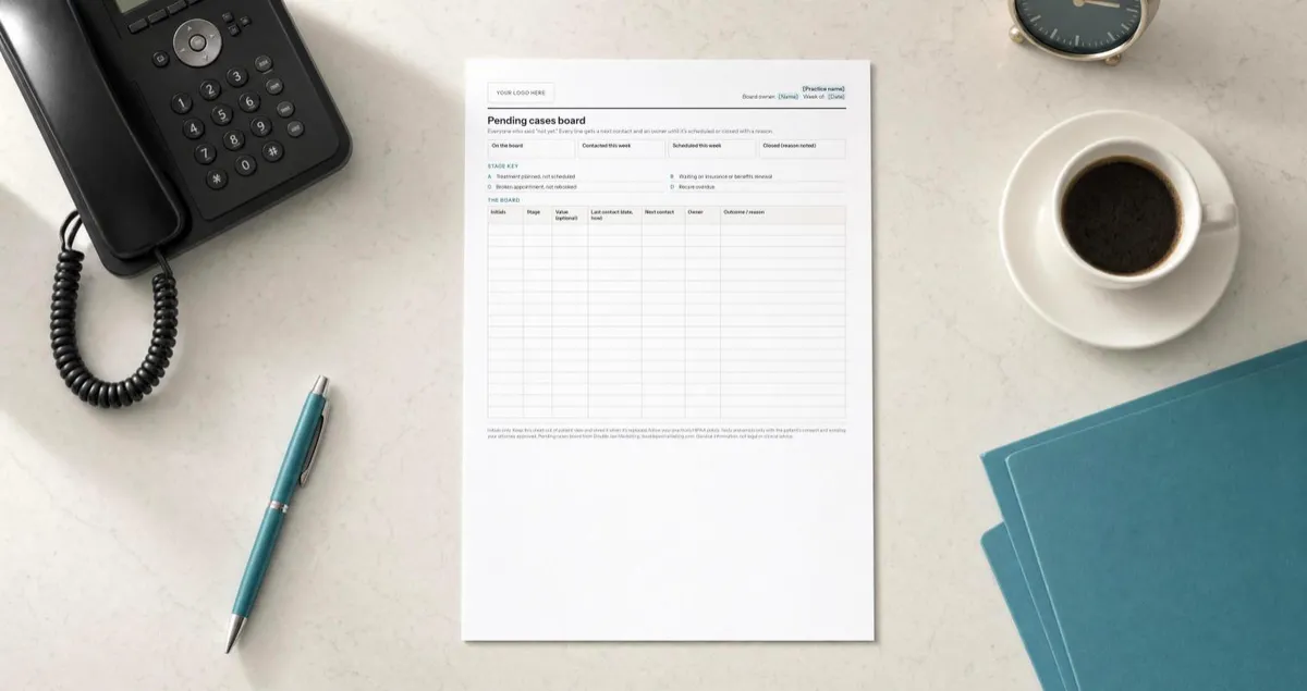 Illustrative image: the pending cases board printed on an office desk