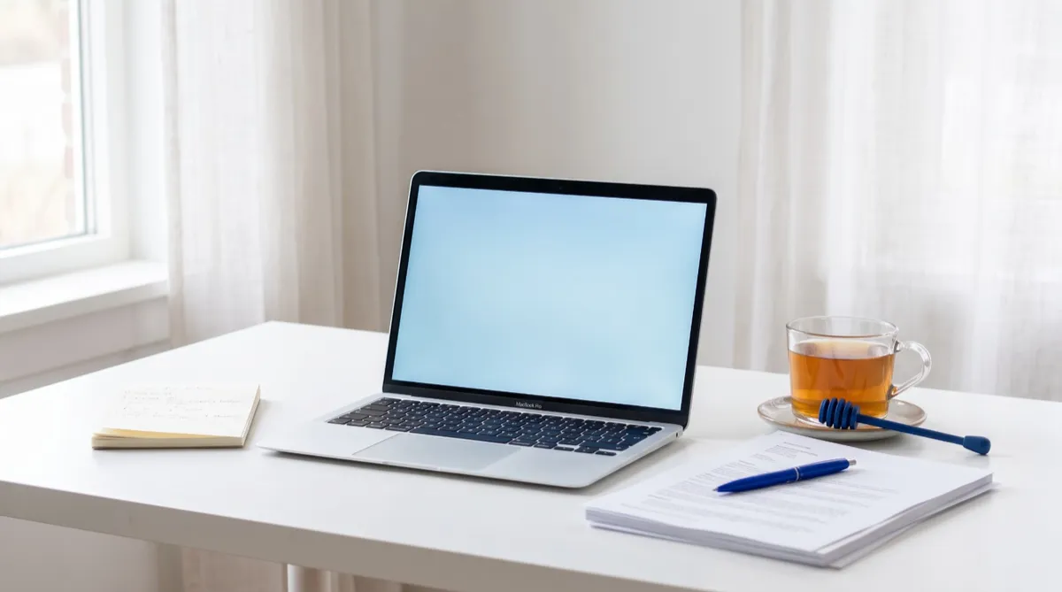 A simple CLE recording setup: an open laptop on a white table, notes on the left, documents and a pen on the right, and a glass of tea