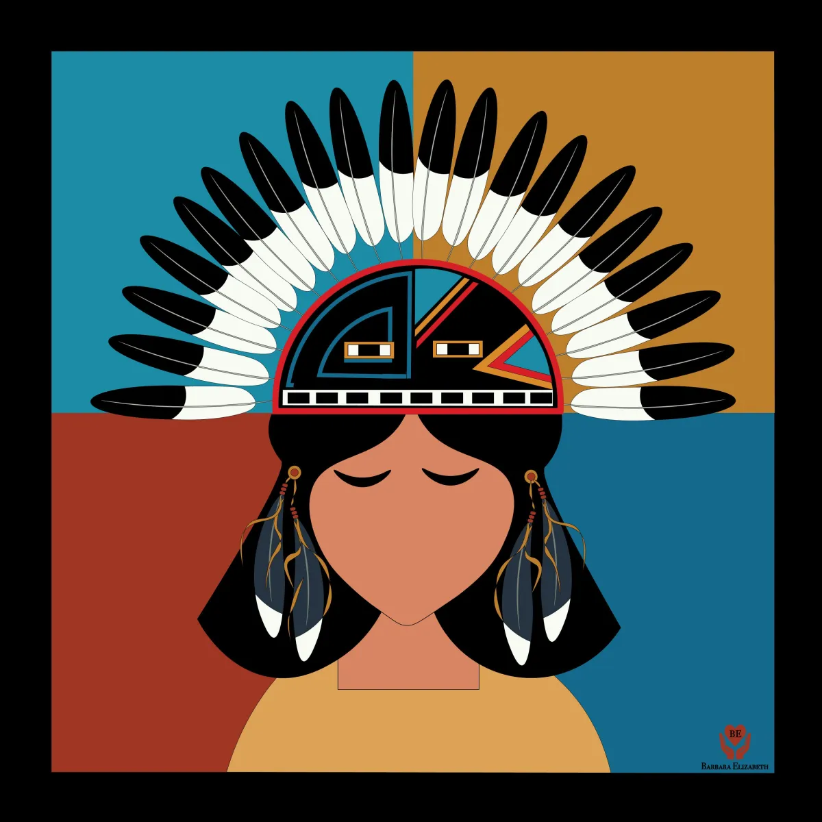 Painting of indian girl in a feathered headdress
