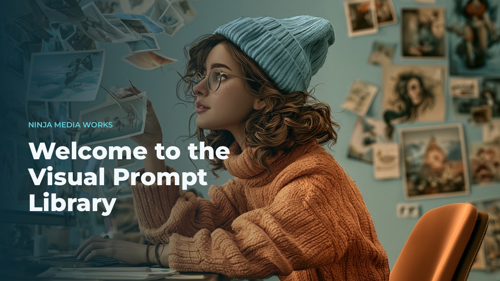 Welcome to The Visual Prompt Library, a woman in a blue beanie surrounded by floating AI images