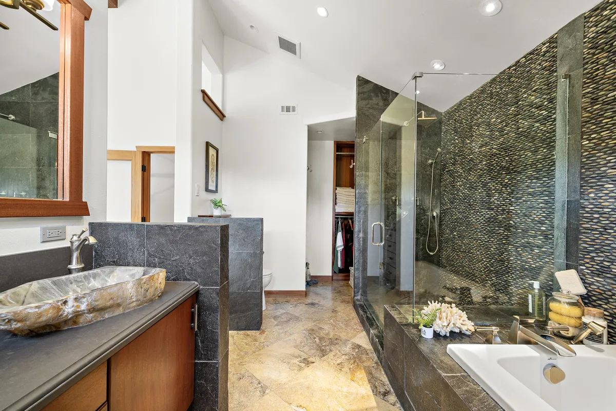 Spa-inspired primary bathroom with upgraded finishes at 25532 Leeward Drive in Dana Point.