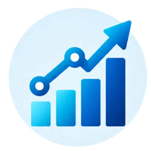 Blue line-art icon of a rising bar chart with a trend line on a light blue circular background