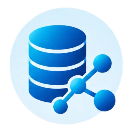 Blue line-art icon of a database server with a magnifying glass on a light blue circular background