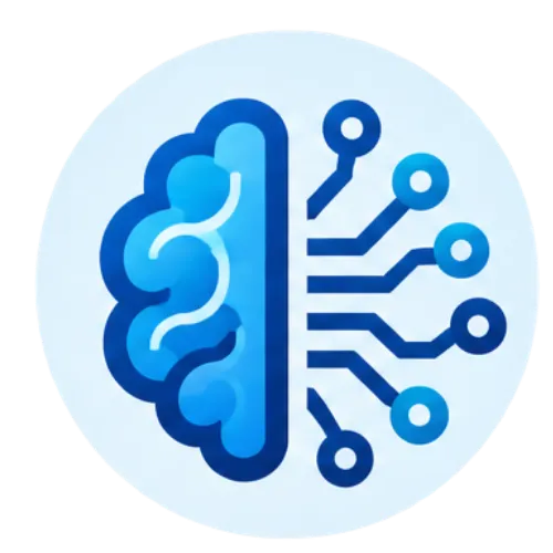 Blue line-art icon of a stylized brain resembling a microchip circuit on a light blue circular background