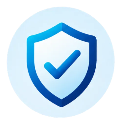 Blue line-art icon of a shield with a checkmark on a light blue circular background