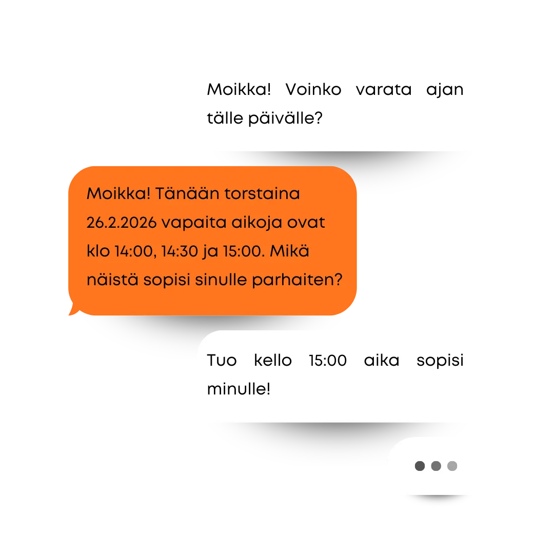 Kuvakaappaus chatbot-keskustelusta, jossa tekoäly tarjoaa vapaita aikoja videopuhelulle ja kysyy käyttäjän nimeä.