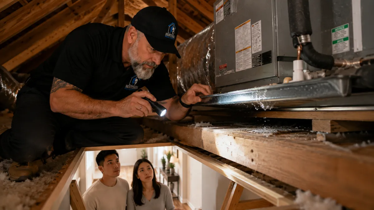 Kyle Hamilton of Sentinel Home Inspections discovers a hidden HVAC condensation leak in the attic of an as-is home while explaining the issue to prospective homebuyers in Dallas.
