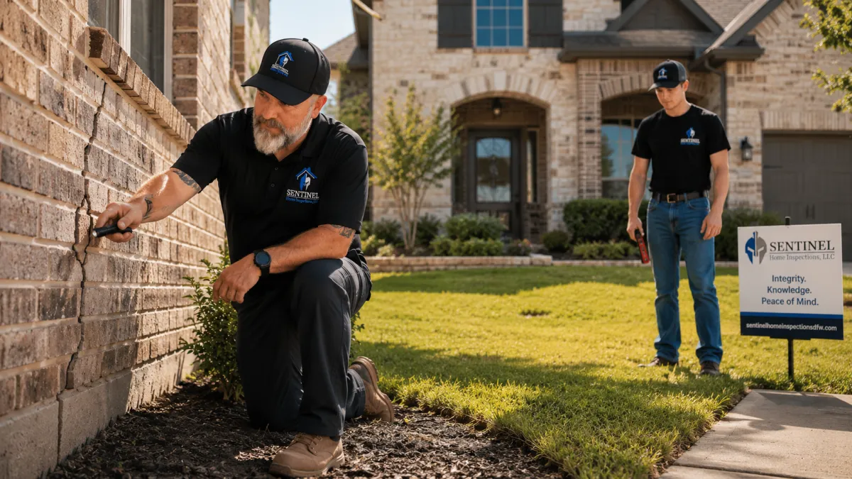 Kyle Hamilton of Sentinel Home Inspections inspecting foundation cracks and exterior grading on a North Texas home built on expansive clay soil.