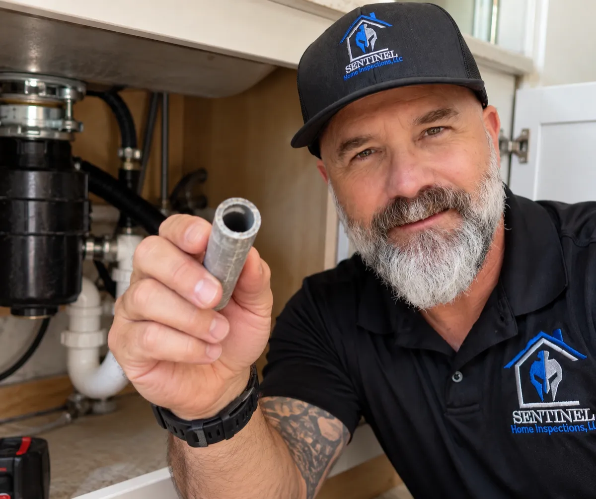 polybutylene-pipe-inspection-dfw-sentinel Hero Alt Text: Kyle Hamilton inspects a section of aging polybutylene pipe in a DFW home before recommending replacement with PEX or CPVC.