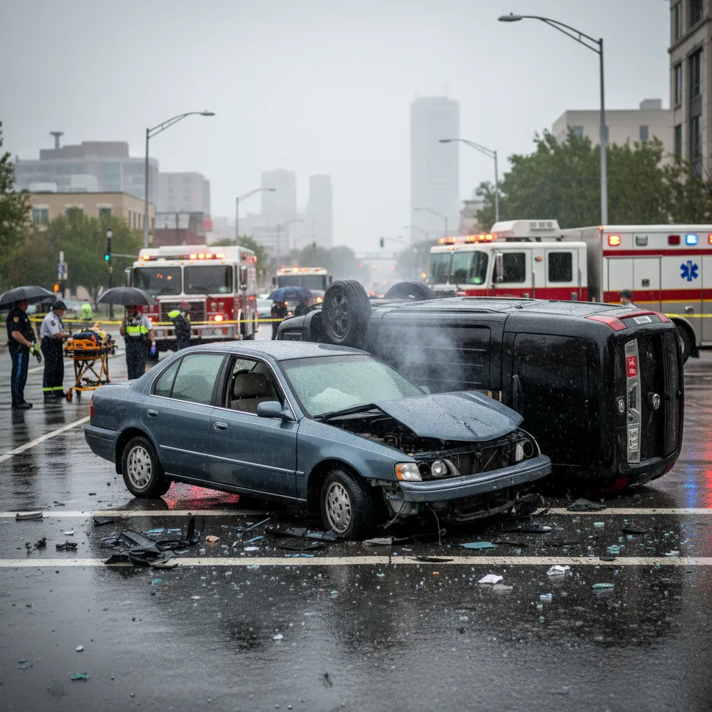 Crashed vehicles on a roadway illustrating the aftermath of a Florida car wreck