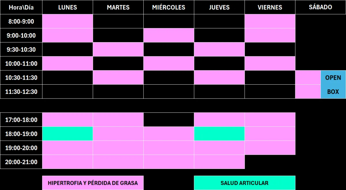 tabla con horario de clases del centro
