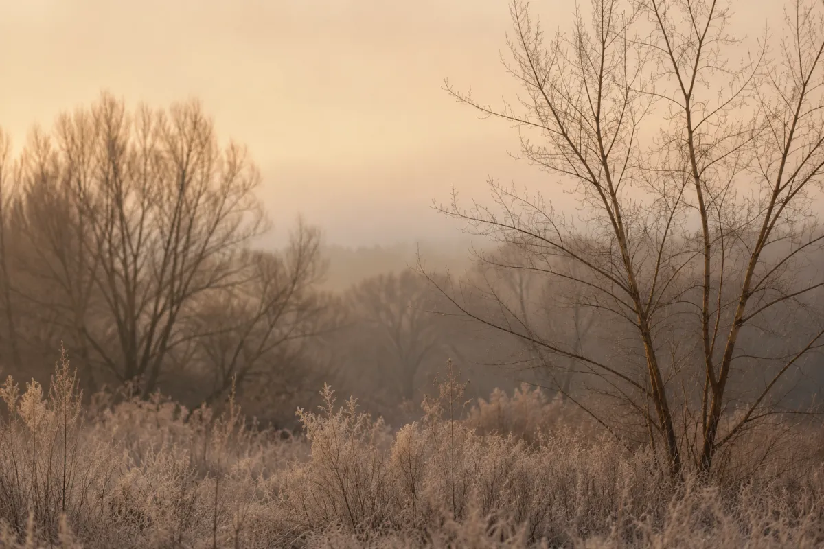 Bare winter branches against a soft pale cream sky at dawn