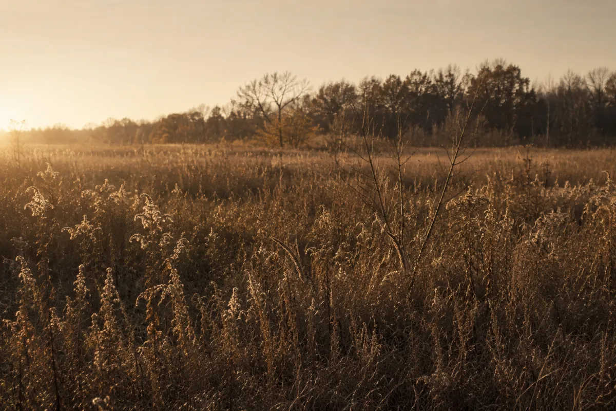 Tall autumn grasses backlit by low golden sunlight in muted brown and sage tones