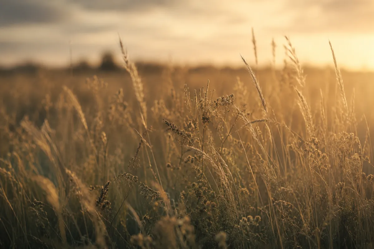 Tall autumn grasses backlit by low golden sunlight in muted brown and sage tones